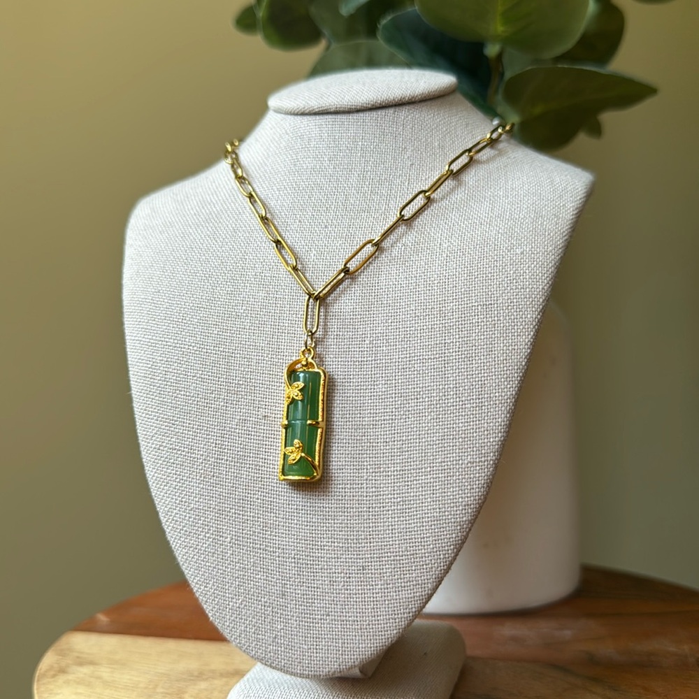 Floral Green Jade Bamboo Necklace - New - Picture 2 of 4